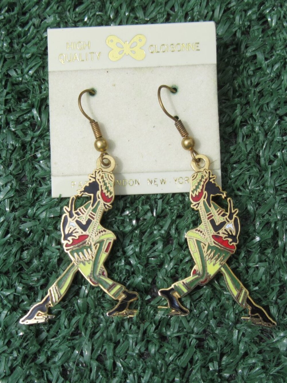 Vintage Cloisonne African Drummer Dangle Earrings
